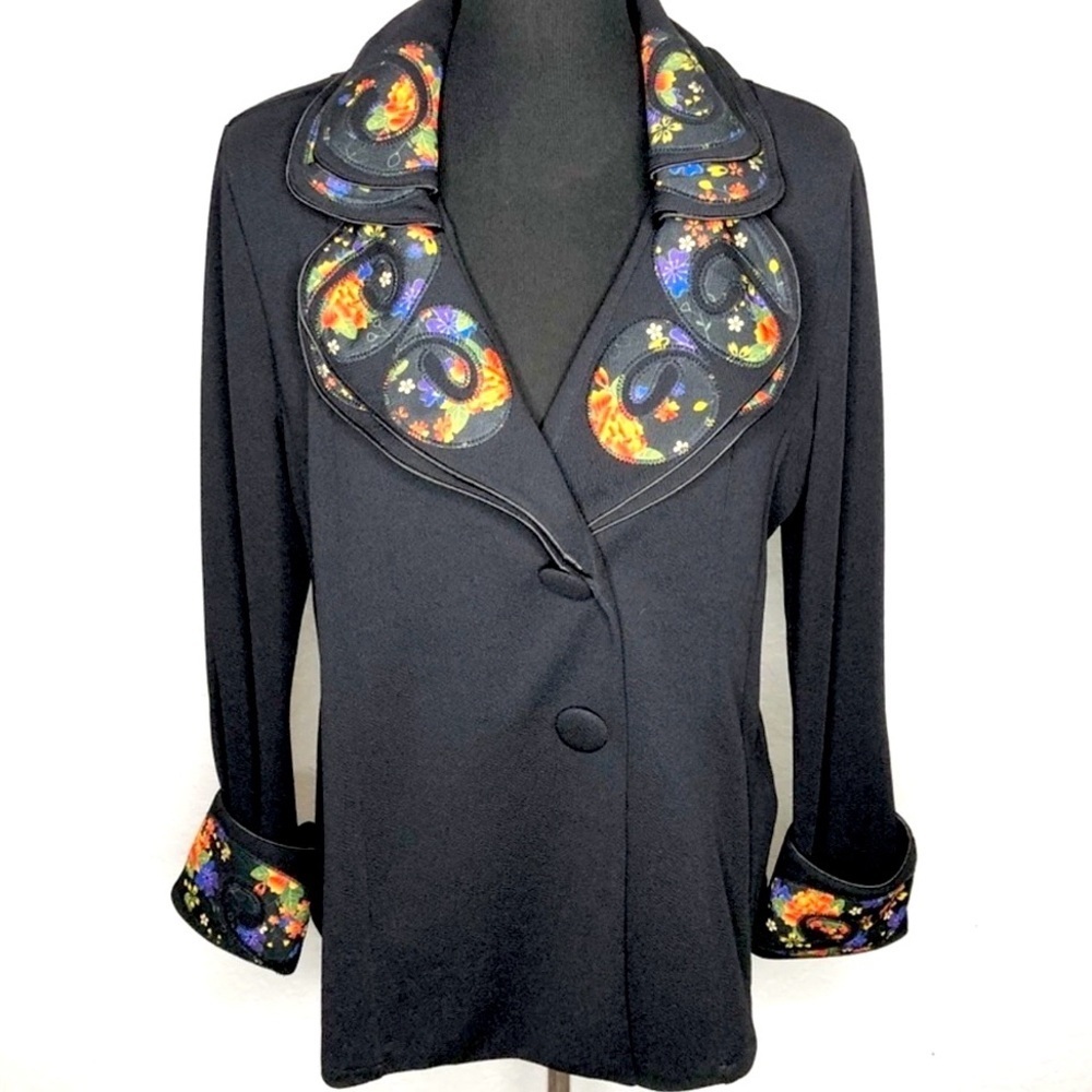 Soft Surroundings Blazer Black Colorful floral statement collar size M Unique